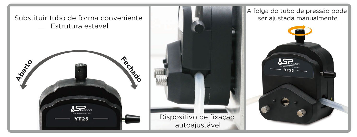 Cabeca de Bomba SP YT25 1 Bomba Peristáltica - Faixa de Rotação 0,1 a 600 RPM (Reversível) - Faixa de Fluxo 0,005 a 3000mL/Min (Varia conforme a Cabeça de Bomba) - Modelo SP-BP601-L - SPLABOR